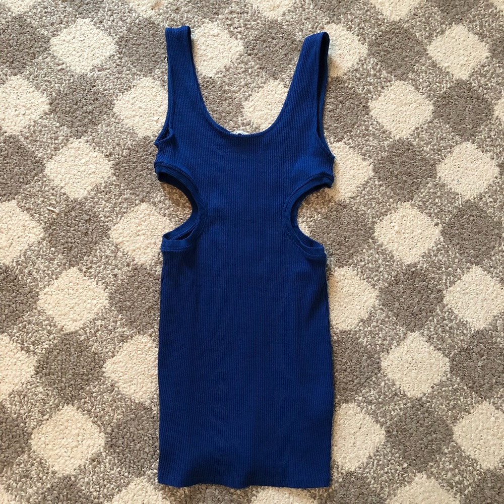 Zara Blue Ribbed Cut-Out Bodycon Mini Dress - Picture 2 of 9